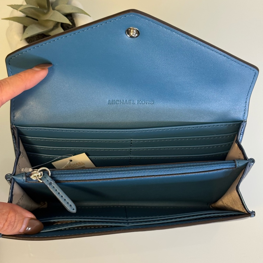 Michael Kors Jet Set Travel Envelope LG Continental Wallet Metallic Teal - Picture 7 of 8